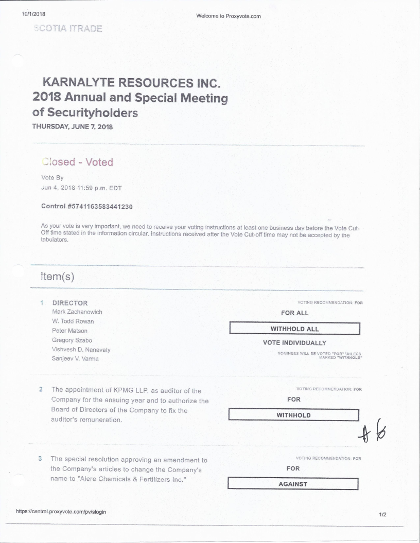 proof of Karnalyte 208 Vote Fraud not good enough for regulators