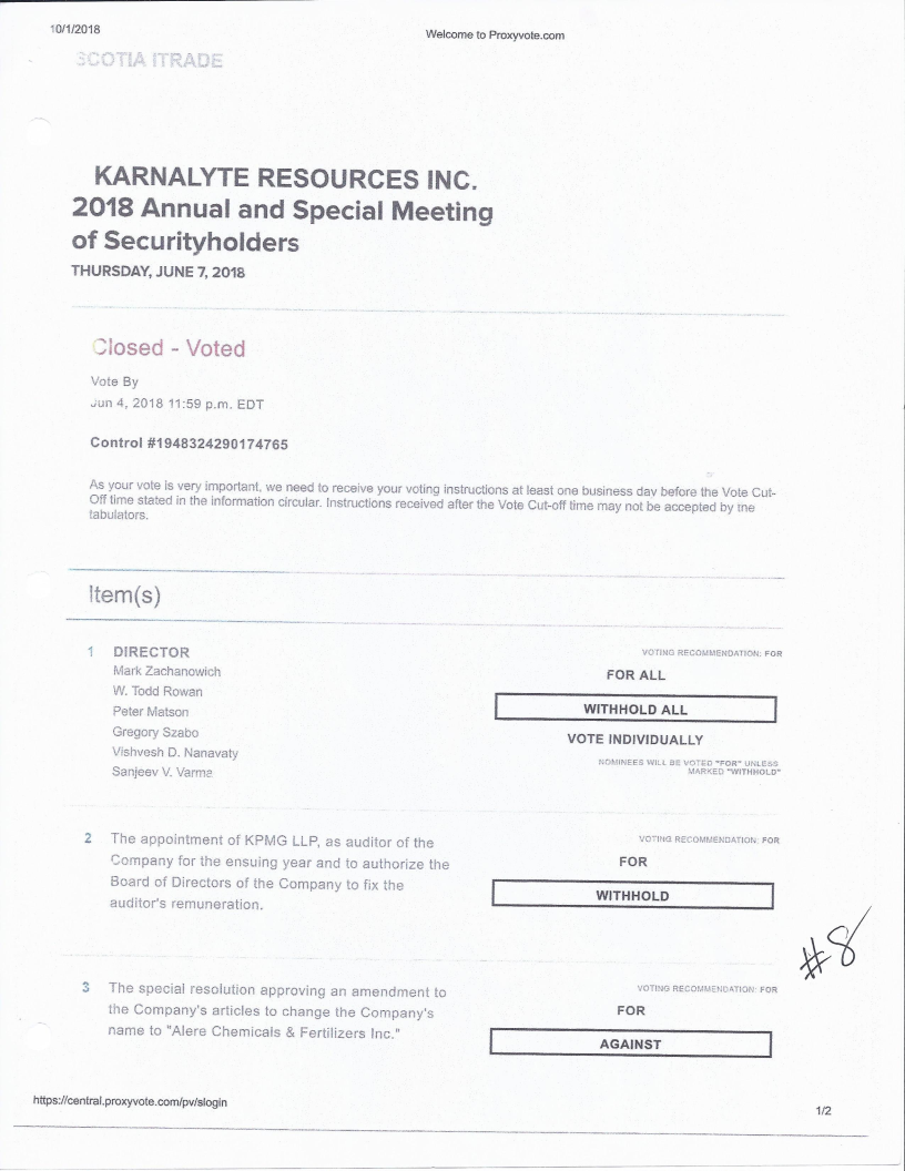 proof of Karnalyte 208 Vote Fraud not good enough for regulators